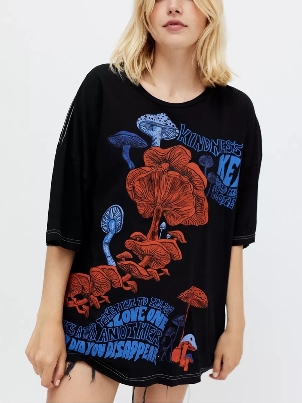 Urban Outfitters Black Tee with Red & Blue Mushroom Graphic